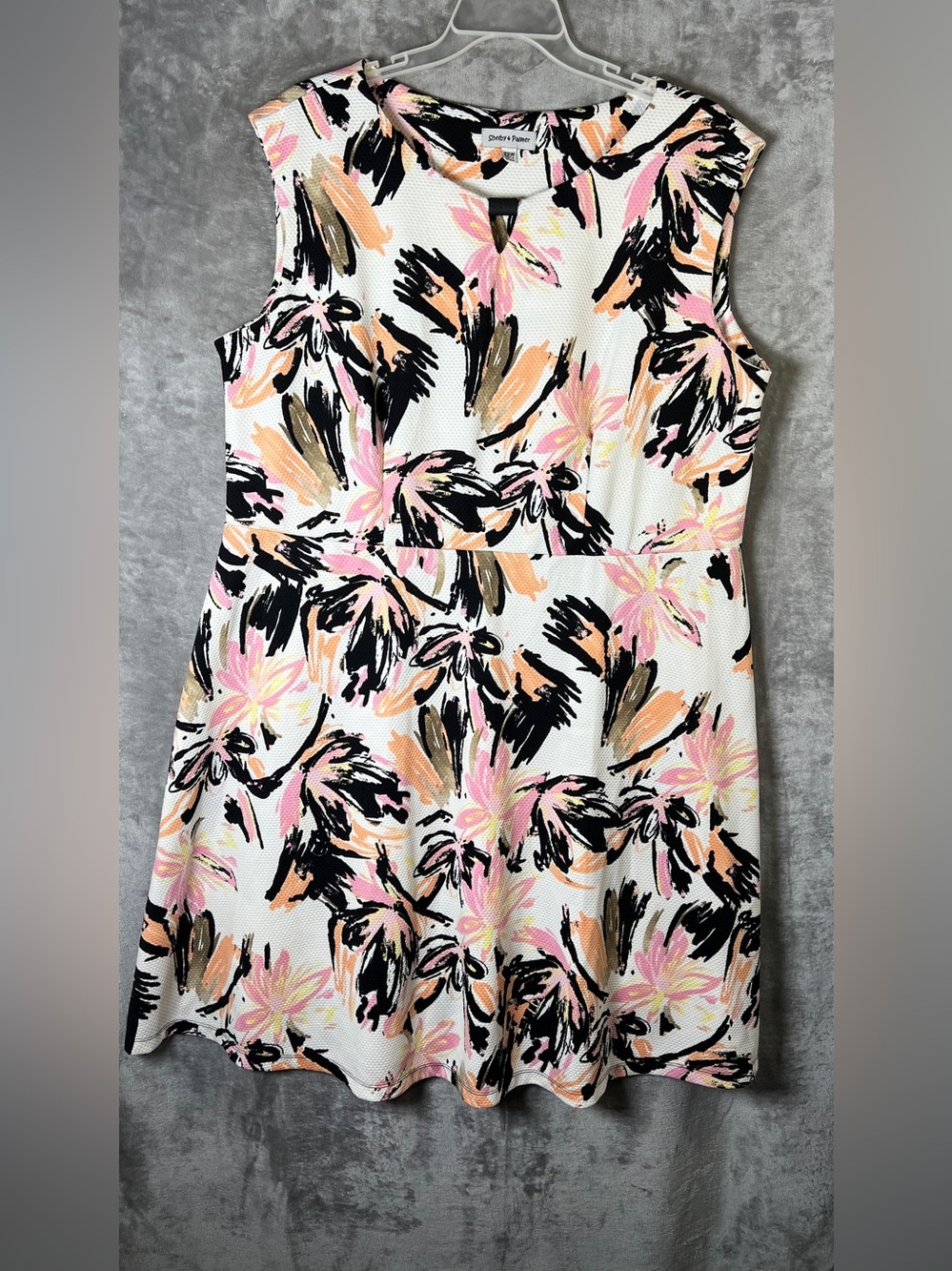 Shelby & Palmer White Midi Dress with Pink, Peach & Black Floral Brushstrokes